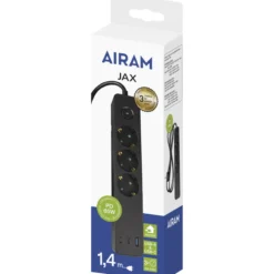 Jatkojohto Airam Jax 3-os+3 USB 65 W 1,4 m, musta