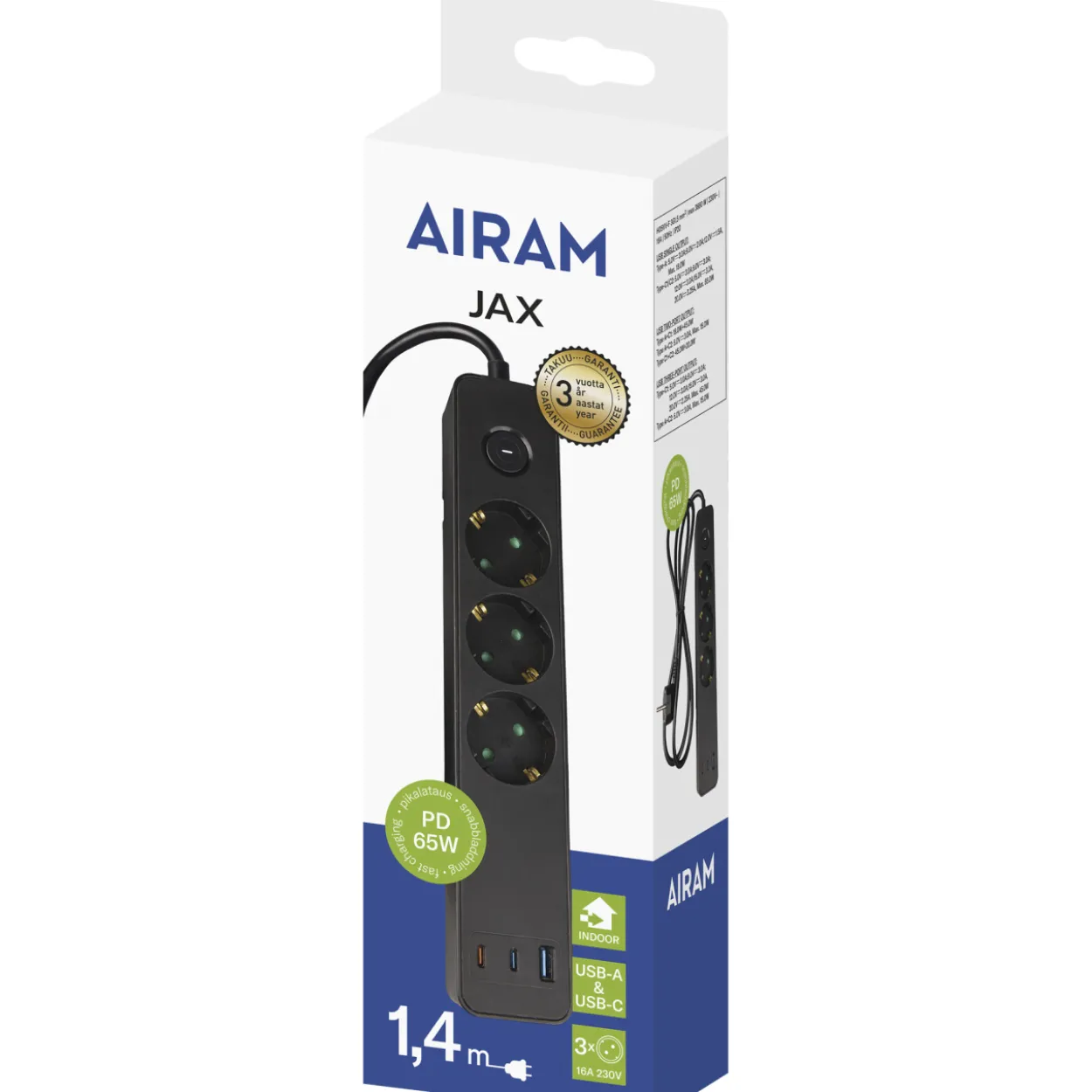 Jatkojohto Airam Jax 3-os+3 USB 65 W 1,4 m, musta