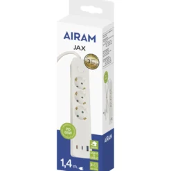 Jatkojohto Airam Jax 3-os+3USB 65 W 1,4 m valkoinen