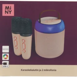 Karaokekaiutin Miny + 2 mikrofonia vaaleanpunainen