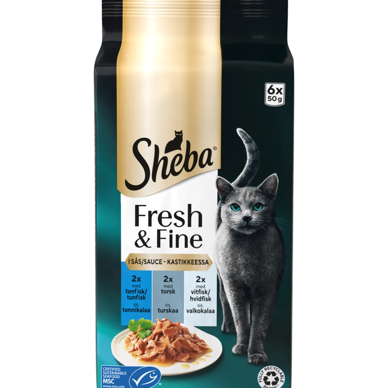 Kissanruoka Sheba 6 x 50 g Fresh & Fine kalalajitelma kastikkeessa