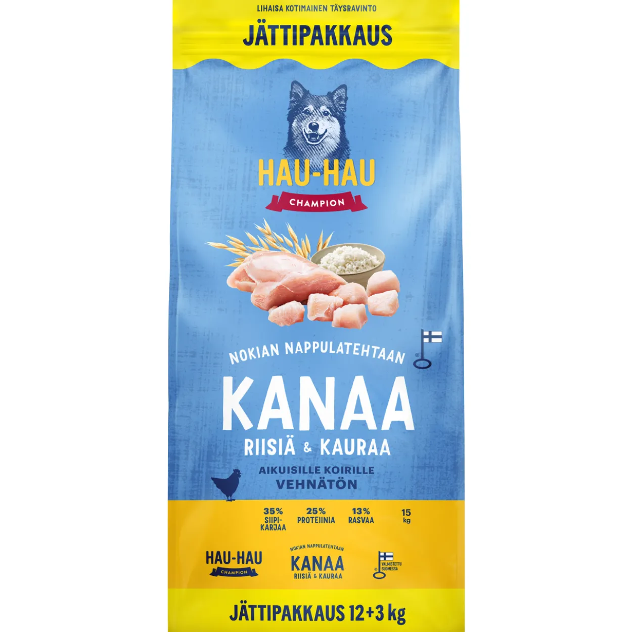 Koiranruoka Hau-Hau 12+3 kg Kanaa, riisiä ja kauraa