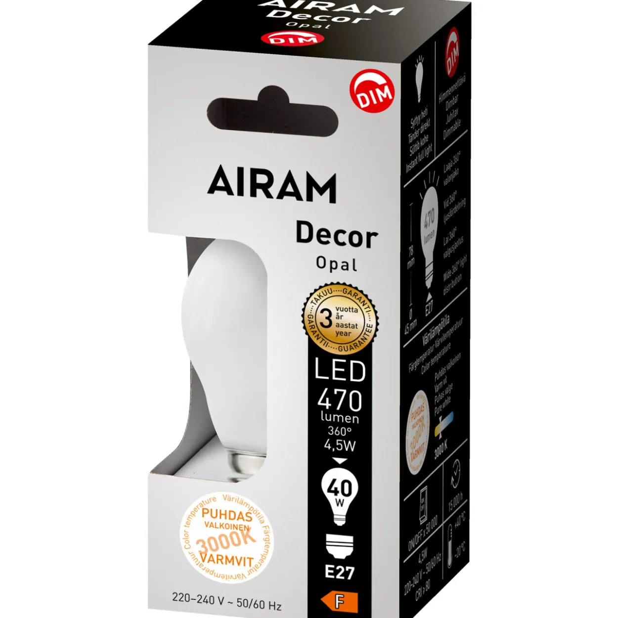 LED-lamppu Airam DECFG P45 830 470lm E27 DIM OP