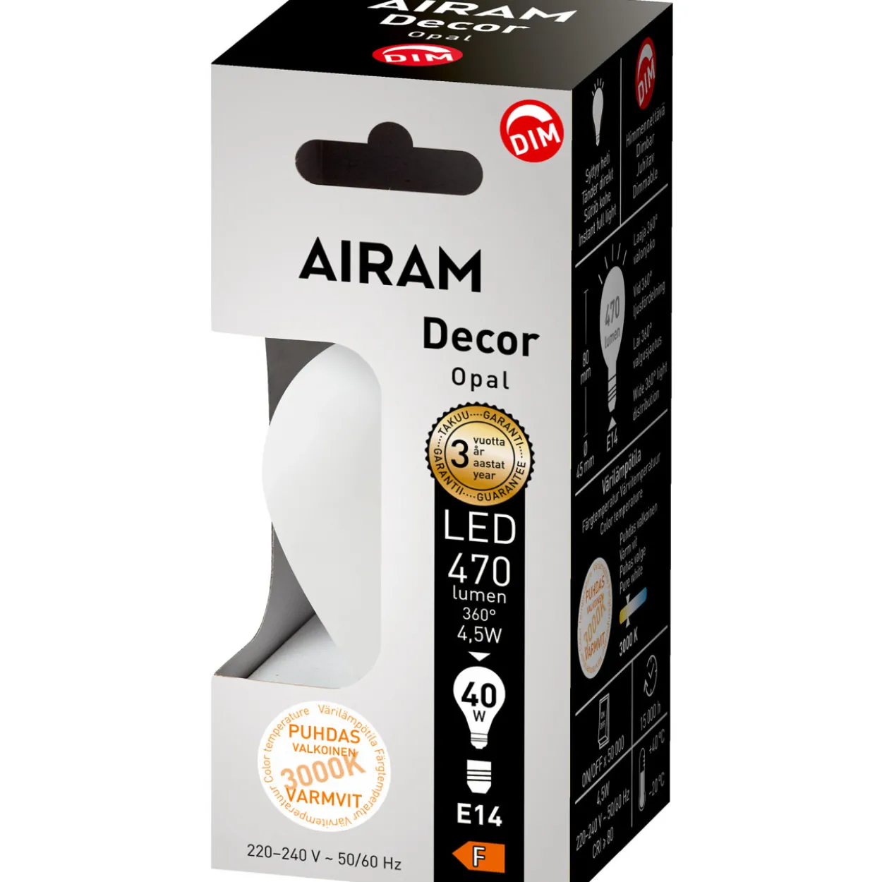 LED-lamppu Airam DECFG P45 830 470lm E14 DIM OP