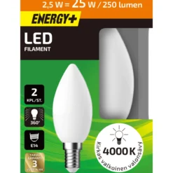 LED-lamppu 250 lm 4000K C35 E14 2 kpl