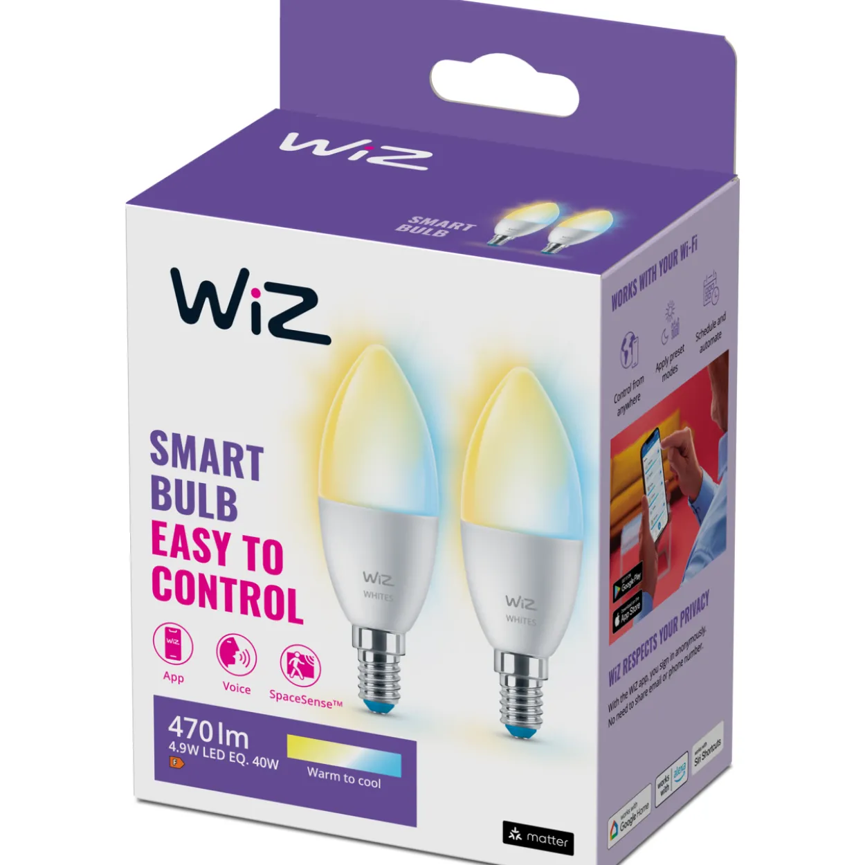 LED-älylamppu Wiz 2PK WHITE 2700-6500K 470lm Wi-Fi C37 E14