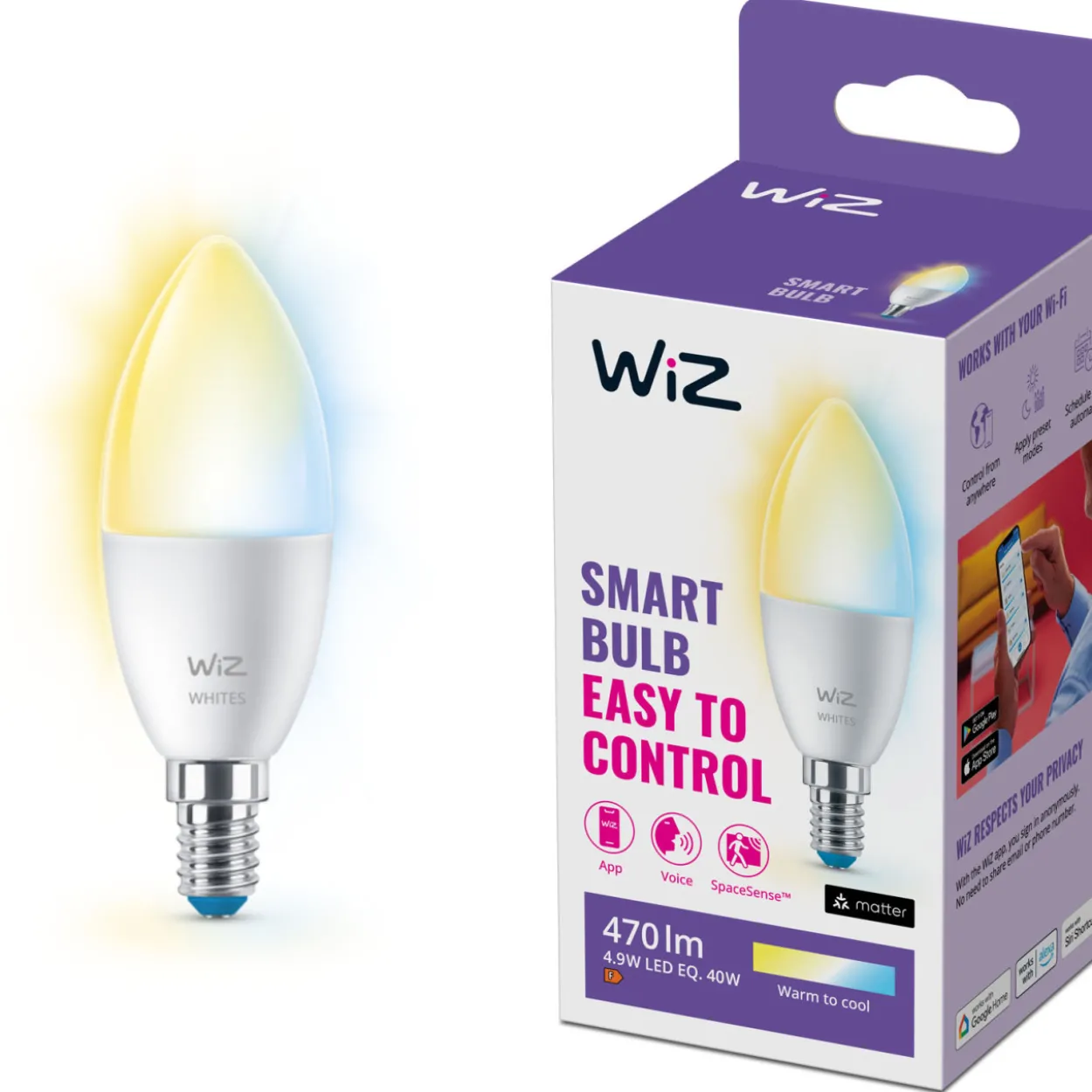 LED-älylamppu Wiz WHITE 2700-6500K 470 lm Wi-Fi C37 E14