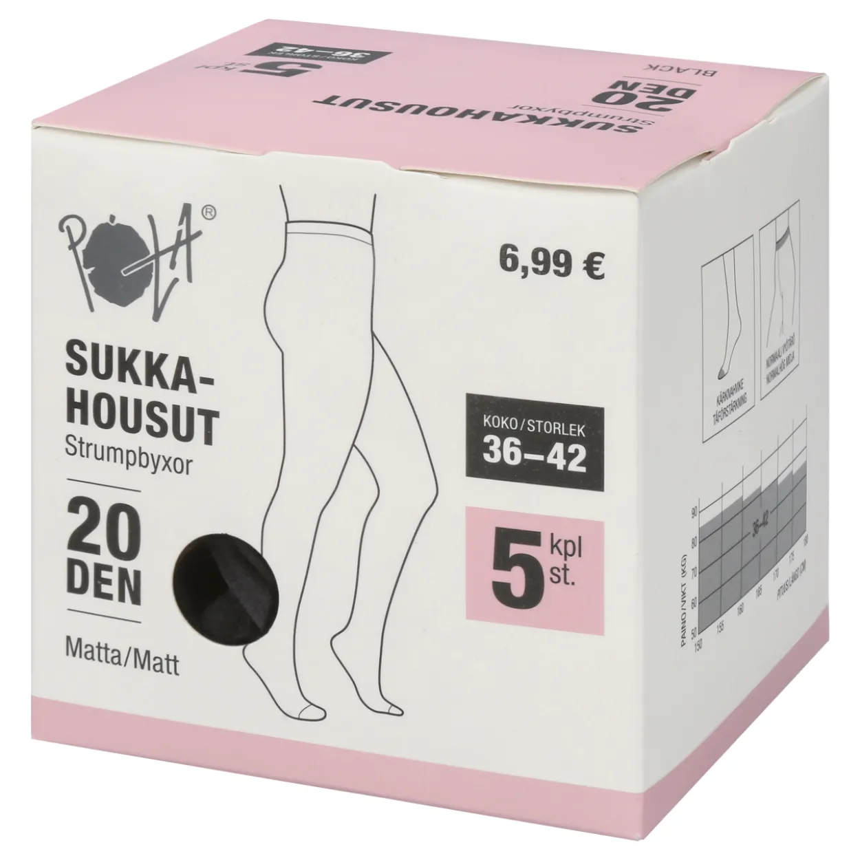 Naisten sukkahousut Pola 20 den musta 5 kpl/pkt