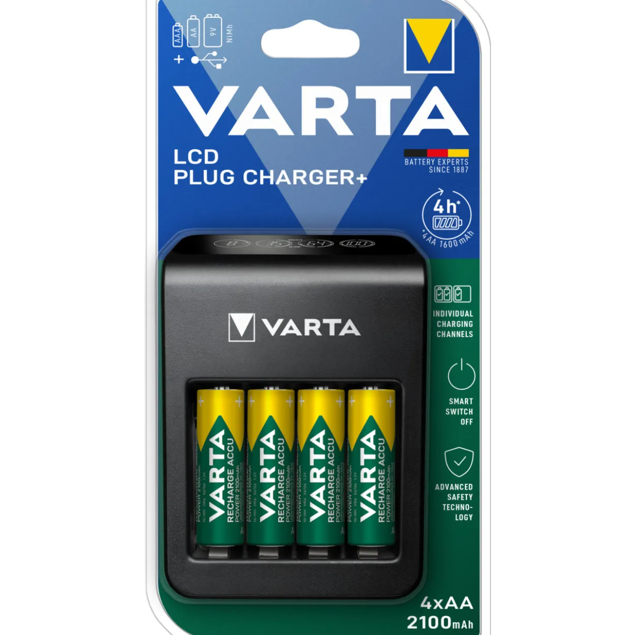 Paristolaturi Varta LCD Plug Charger+ 4 x AA 2100 mAh