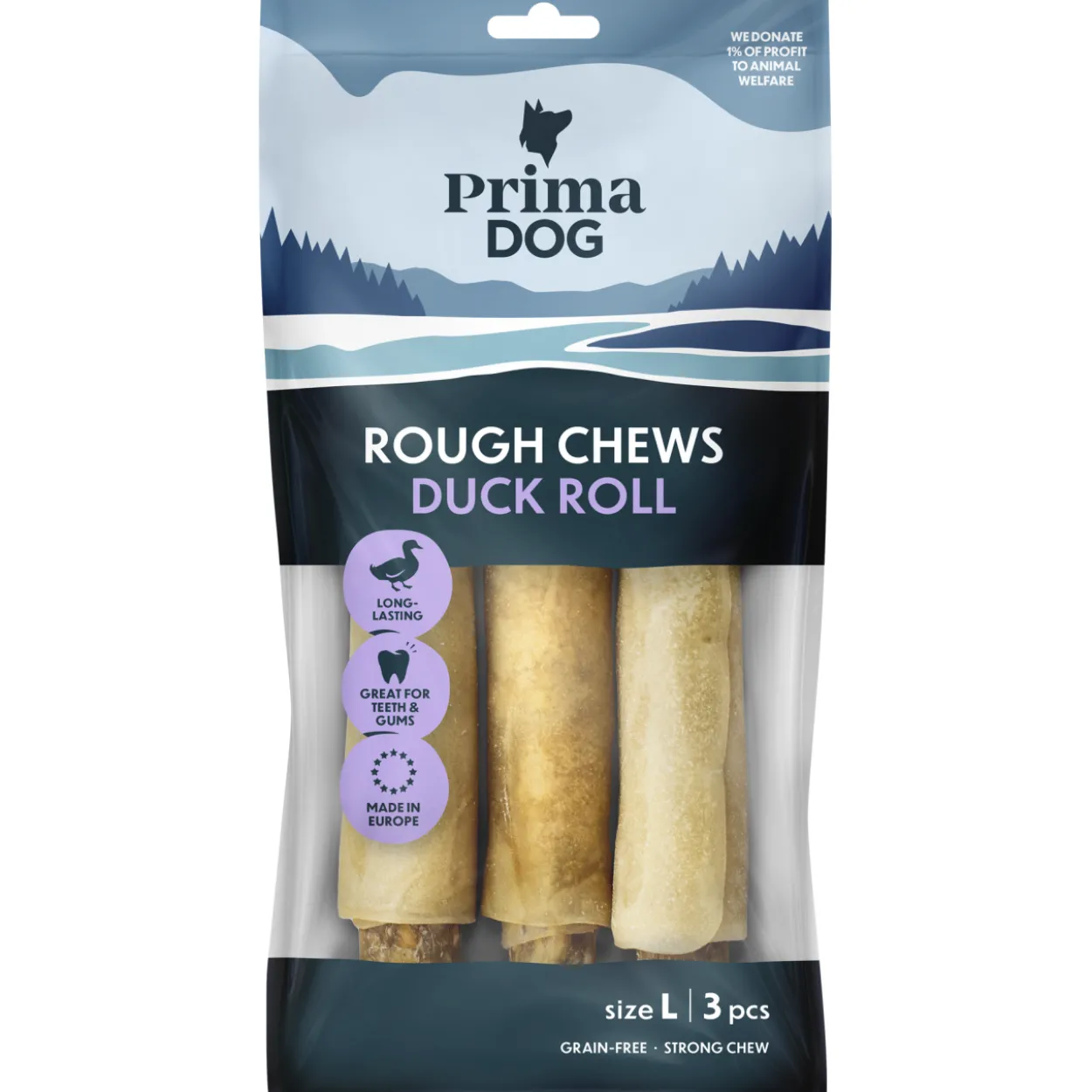 Puruluu PrimaDog 3 kpl 225 g Rough Chews ankkarulla L