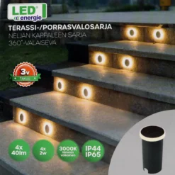 Terassi-/porrasvalosarja Led Energie 4 kpl 360˚-valaiseva 2W 40lm 3000K